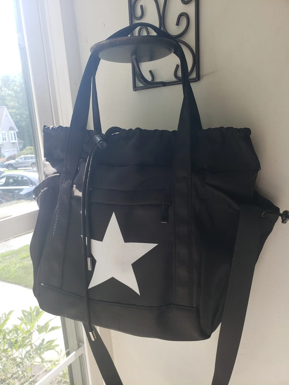 NWOT Black Nylon Star Tote Crossbody Bag Drawstring Travel Gym Purse